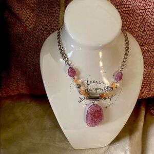 Vintage Pink Acrylic pendant and beads with silvertone beaded Pendant Necklace